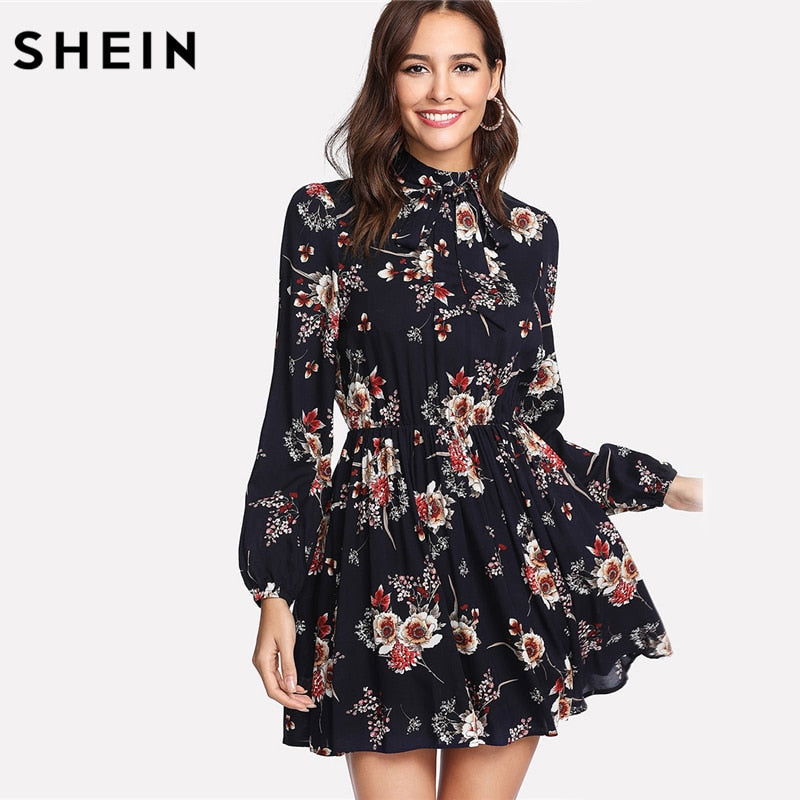 SHEIN Autumn Floral Women Dresses Multicolor Elegant Long Sleeve