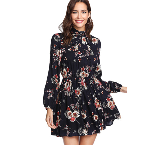 SHEIN Autumn Floral Women Dresses Multicolor Elegant Long Sleeve High – variants2