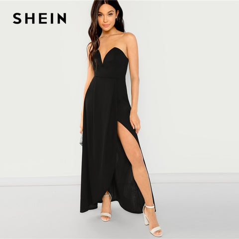 SHEIN Black Bandeau Off Shoulder Split Solid Dress Party Sexy Plain Slim Maxi Dresses Women Autumn Modern Lady Elegant Dress