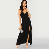 SHEIN Black Bandeau Off Shoulder Split Solid Dress Party Sexy Plain Slim Maxi Dresses Women Autumn Modern Lady Elegant Dress